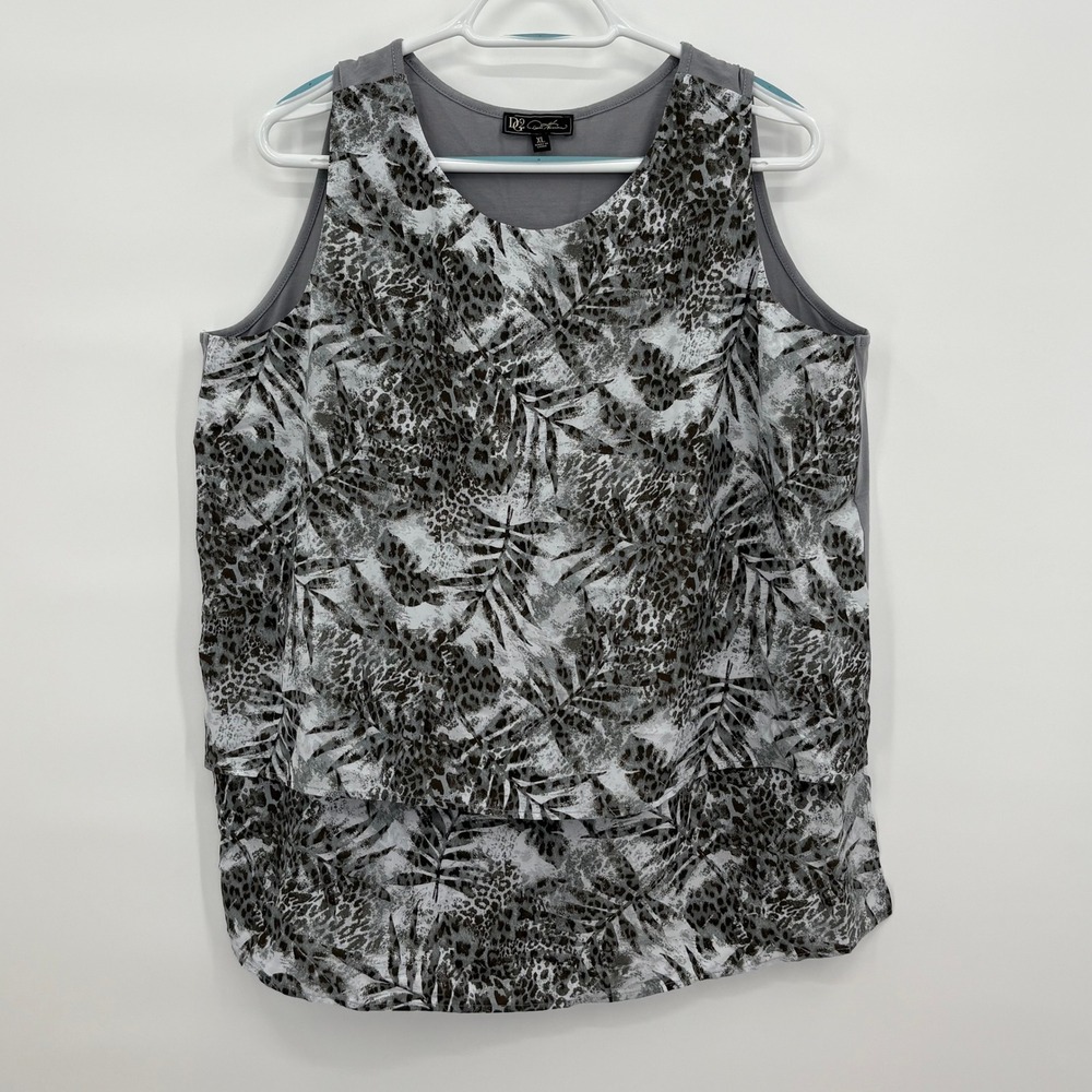 DG2 Diane Gilman Womens XL‎ Grey Leopard Palm Mixed Media Layered Tank Top